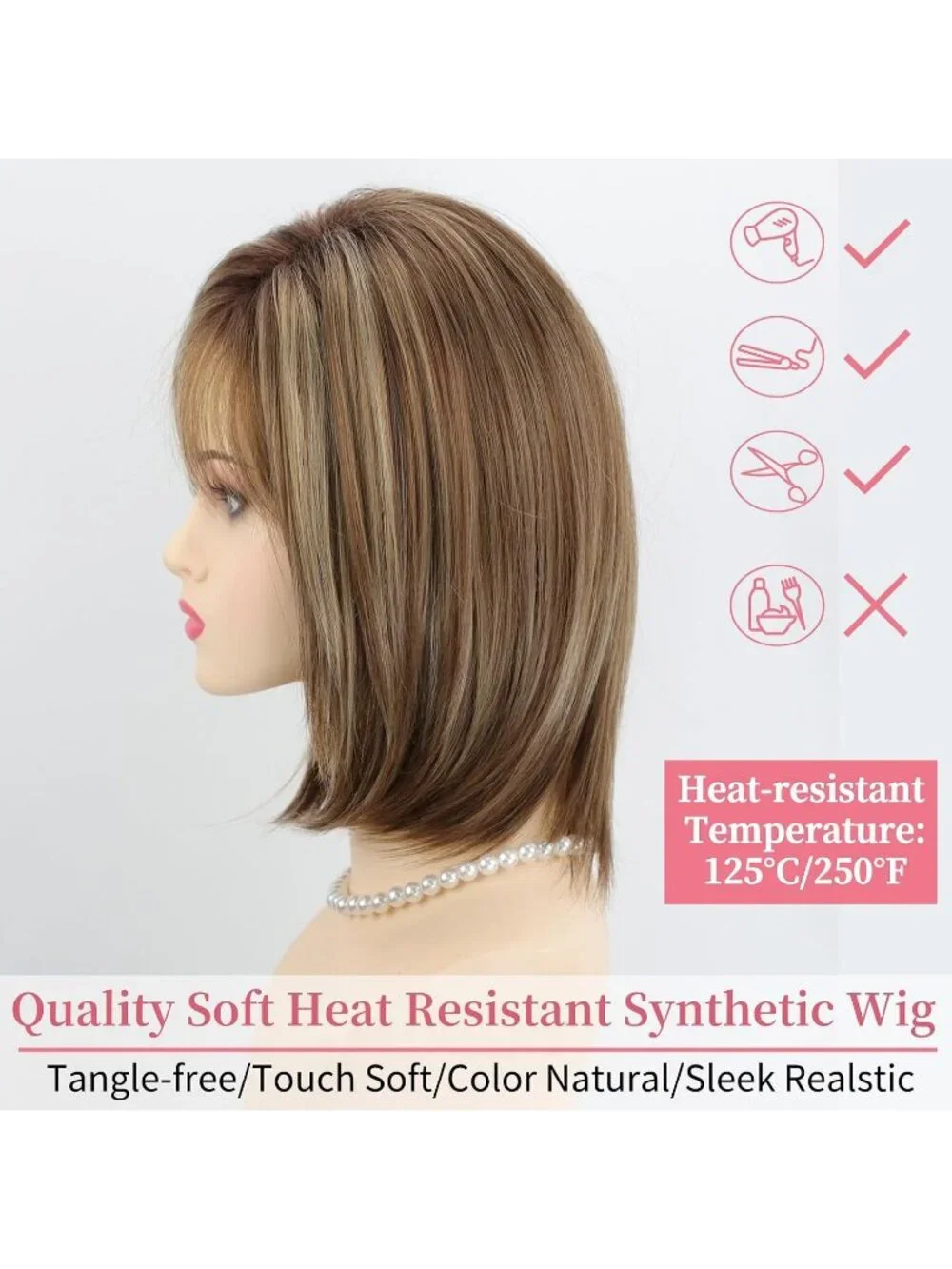 Women's Brown Blonde 12 Inch Mid Length Heat Synthetic Straight Layered Bob Wigs